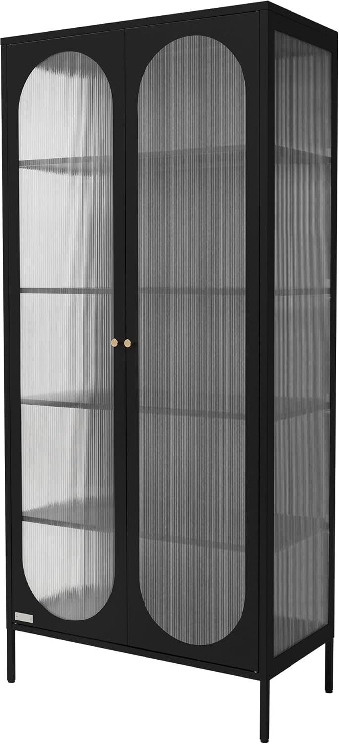 ML-Design Vitrinenschrank 80x175x40 cm, Schwarz, Vitrine mit 5 Ablage-/Regalfächer, 2 Türen, Wohnzimmer Metallschrank aus Stahl, Industrieller Stil, Hochschrank Bücherschrank Aktenschrank Standschrank