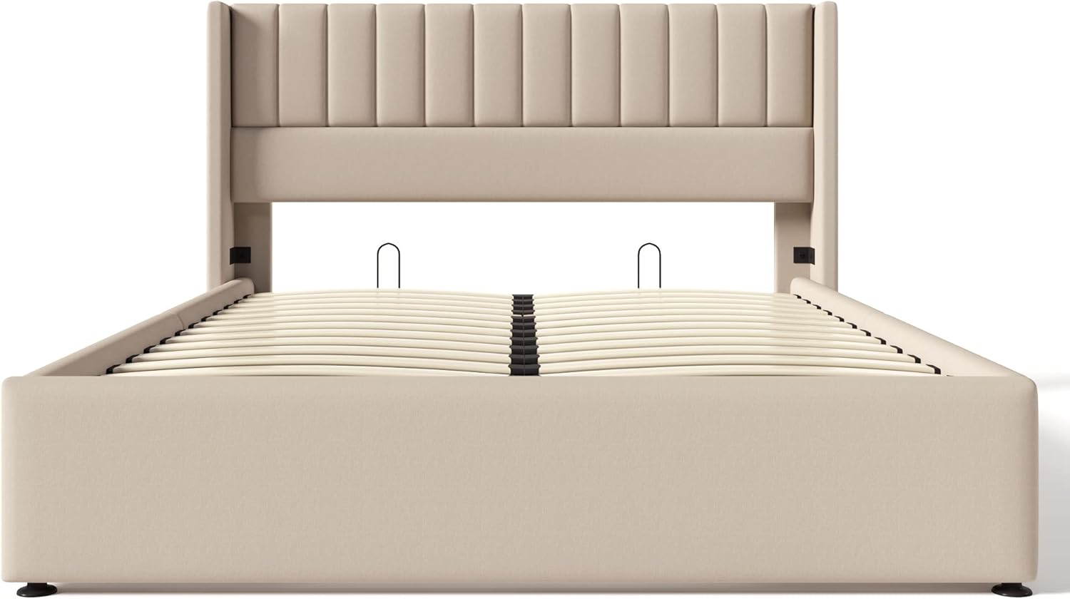 Merax Polsterbett 140 x 200cm, Hydraulisch Doppelbett mit Lattenrost & Bettkasten, Stauraumbett mit Kopfteil, Metallrahmen, Leinen, für Erwachsene & Jugendliche, ohne Matratze, Beige-Streifen