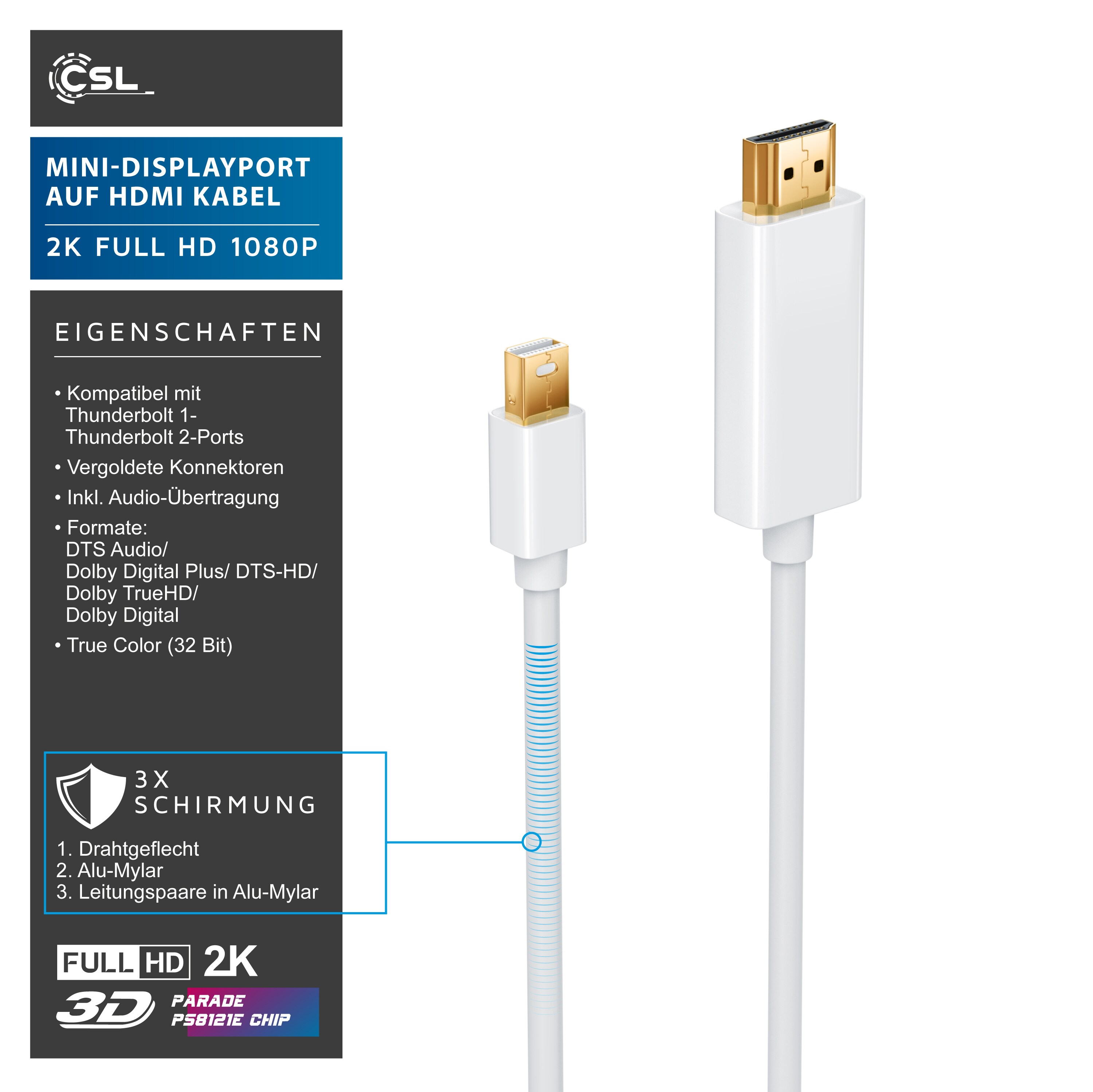 CSL Mini DisplayPort zu HDMI Typ A Audio- & Video-Kabel, Premium Full HD MiniDP Adapter Monitor Kabel - 1m