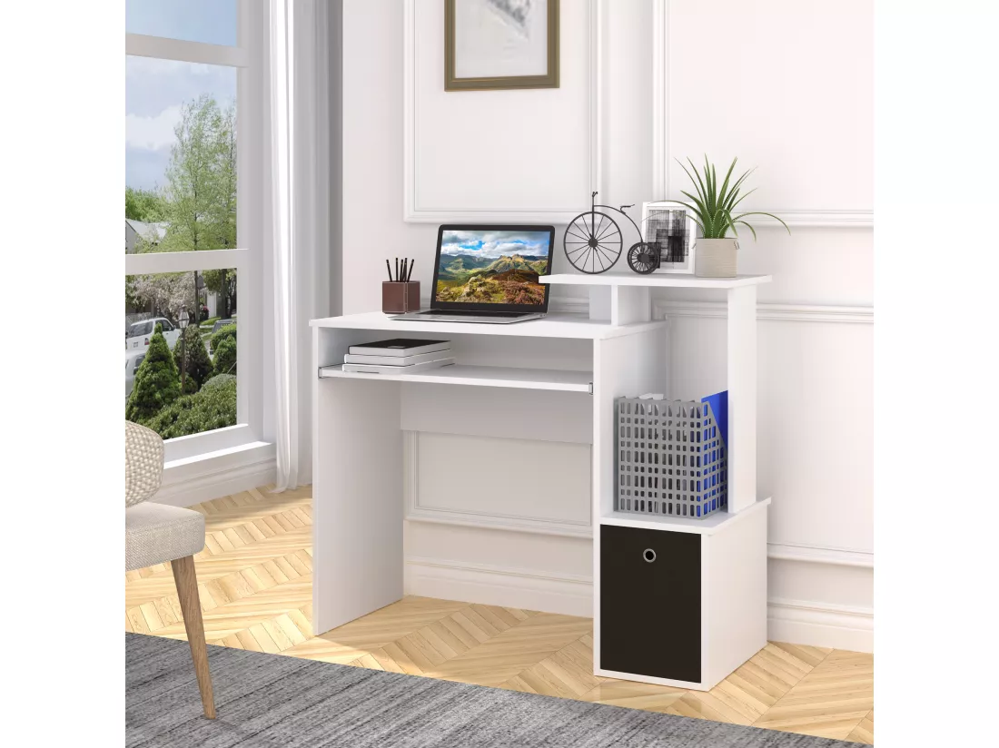 Bureau informatique multimédia étagères tablette clavier panier noir panneaux particules blanc