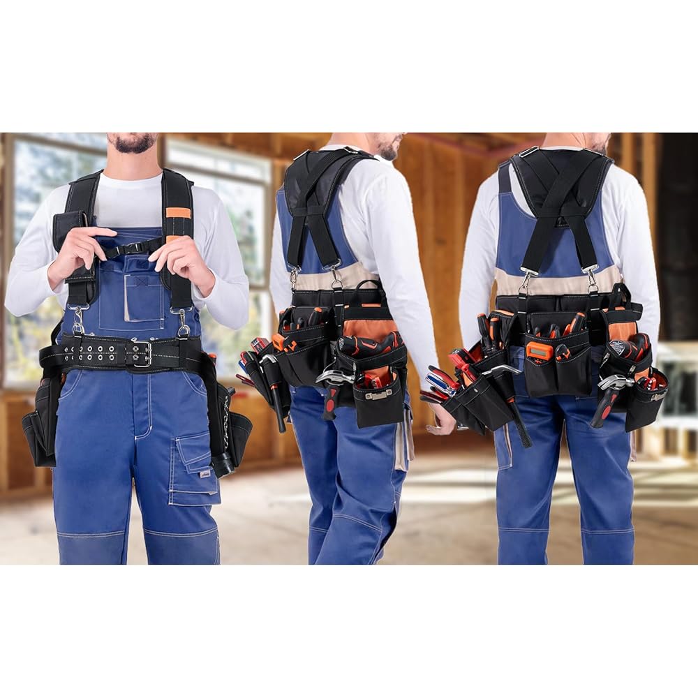 Ceinture à outils avec bretelles – Ceinture à outils pour homme, 22 poches, organiseur d'outils robuste pour encadreurs, charpentiers, électriciens, menuisiers, menuisiers, orange : Bricolage