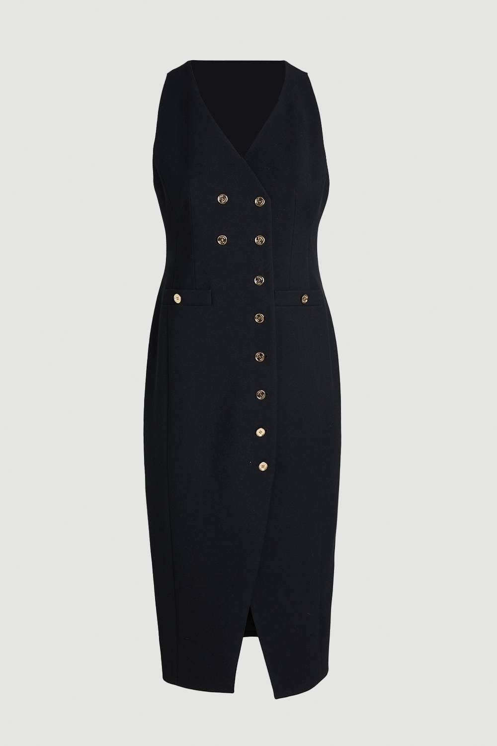 KarenMillen Robe Midi Grande Taille Texturée Extensible Compacte Col V Avec Détails Boutonnés