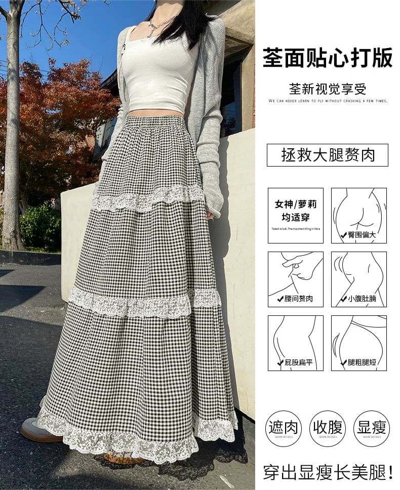hollybunbur - Hoge taille geruite maxi-A-lijn rok met kantversiering (verschillende ontwerpen)