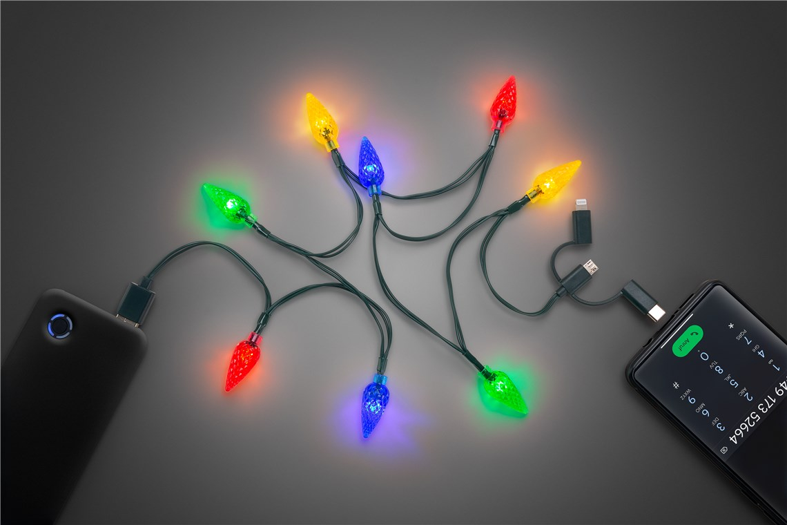 (1.2m) 3in1 USB auf Micro USB Ladekabel Weihnachts Lichterkette Datenkabel mit Lightning / USB C Adapter - Schwarz