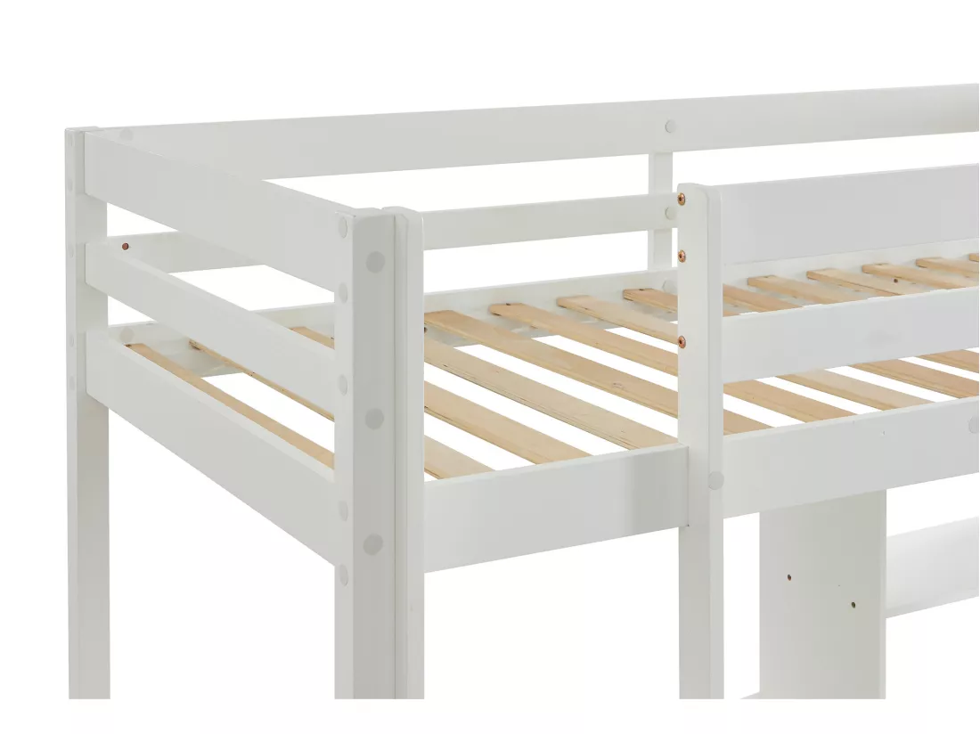 Lit mezzanine 90 x 200 cm avec bureau, sofa convertible et rangements - Pin massif - Blanchi + Matelas - GOLIATH III