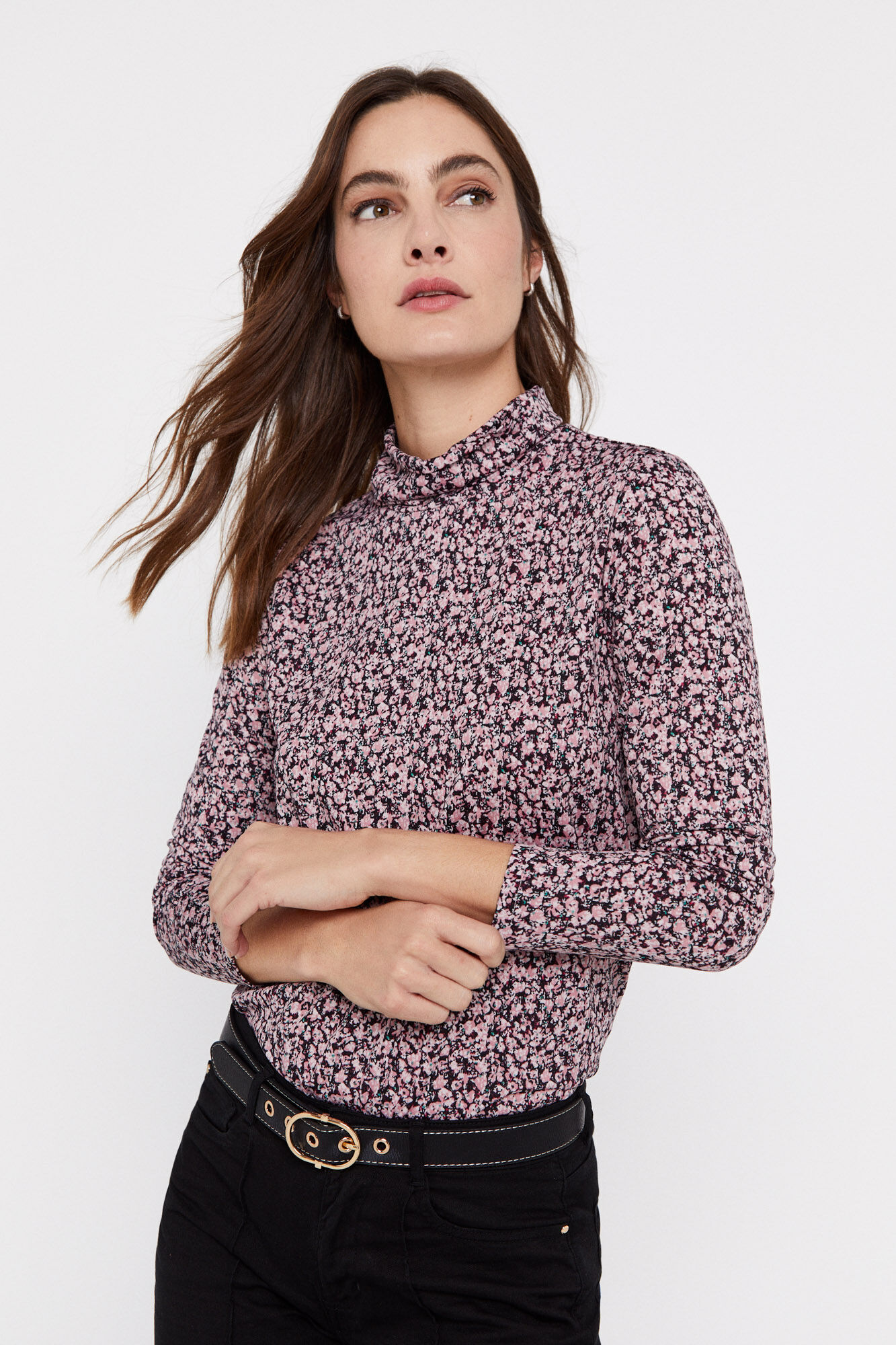 Camiseta estampada com gola dobrável - Fúcsia