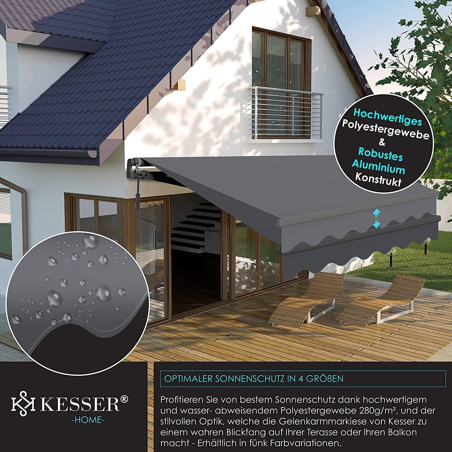 KESSER® Gelenkarmmarkise Markise Gelenkmarkise 300 x 250cm Terrassenmarkise Klemmmarkise Sonnenmarkise inkl. Wandhalterung Sonnenschutz Balkonmarkise wasserabweisend Alu/Polyester, Anthrazit