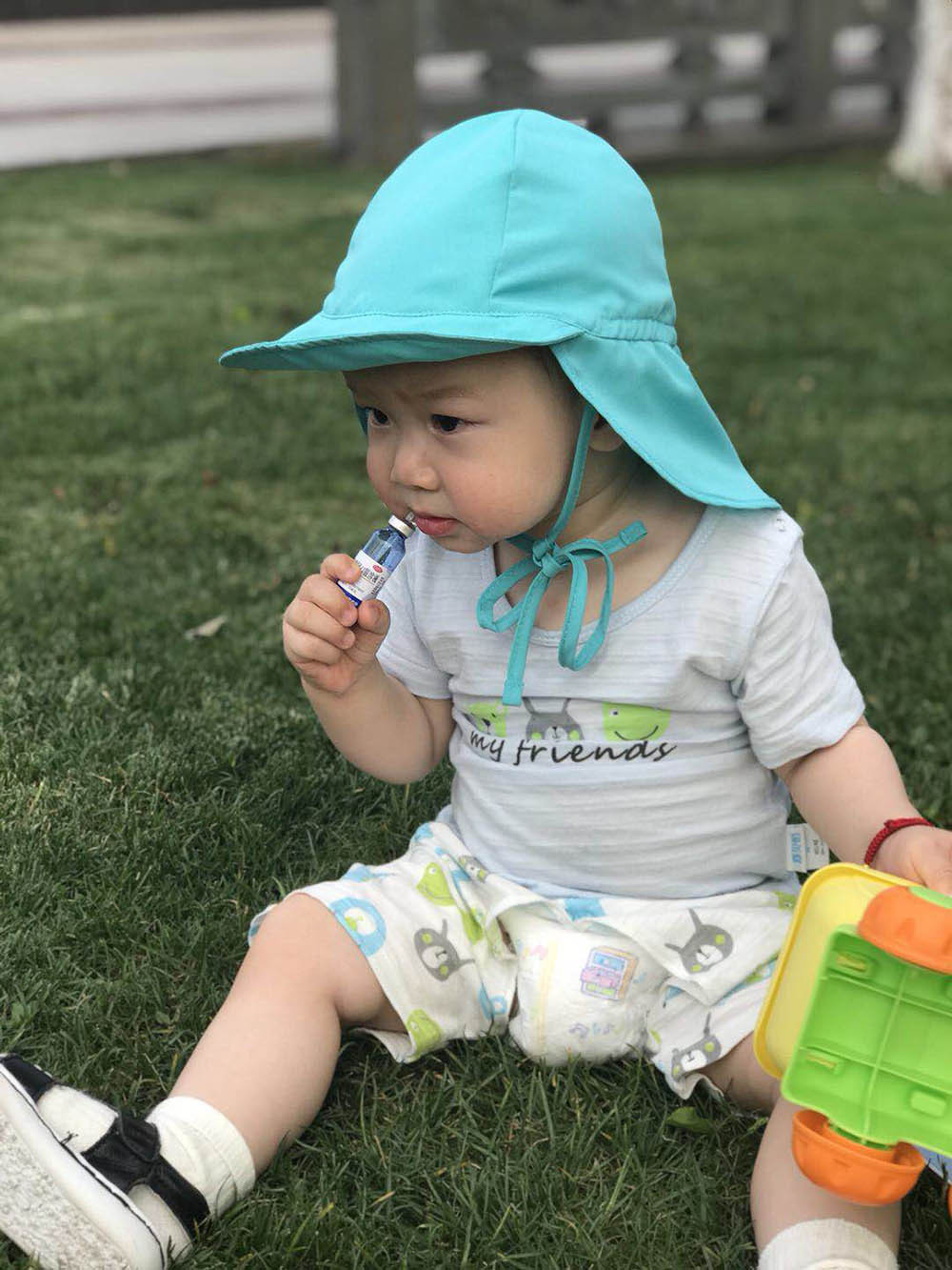 (Ø18cm) Kinder Sonnenhut Sommer Kopfbedeckung Fashion Accessoire mit Kinnband   Nackenschutz - Türkis
