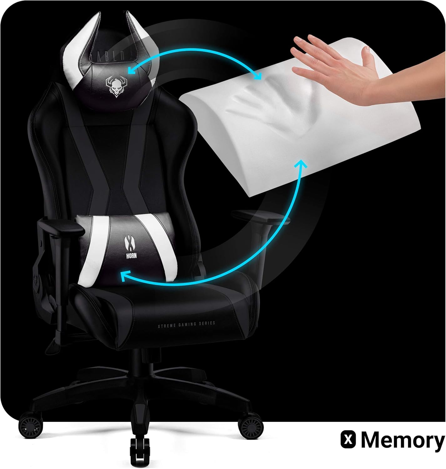 Diablo Gaming Stuhl X-Horn 2.0 Bürostuhl Gamer Chair Schreibtischstuhl 3D Armlehnen Ergonomisches Design Nacken/- Lendenkissen Kunstleder Wippfunktion Schwarz-Weiß Normal (L)