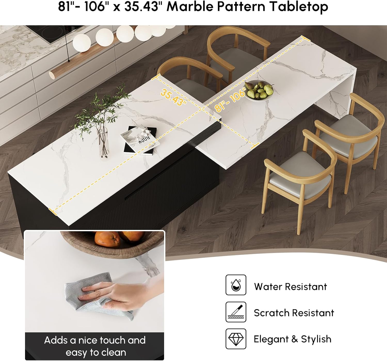 Homary Ausziehbare Kücheninsel 81–106 cm, Moderne Kücheninsel mit Marmoroptik Arbeitsplatte, Küchenschrank mit Schubladen & Türen, Viel Stauraum für Küche & Essbereich