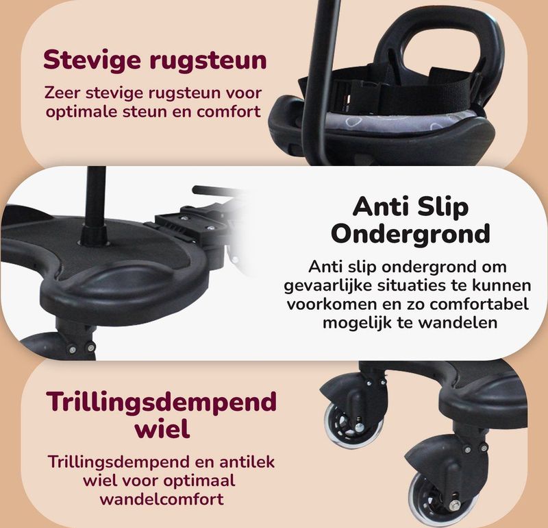 HeppieBabie Meerijdplankje Deluxe - Buggy Board - Met Zitje - Voor Kinderwagen/Buggy