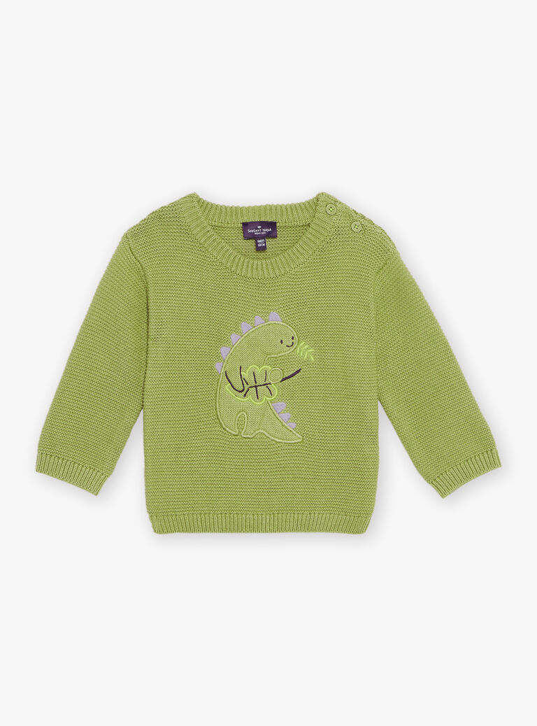 Pull kaki clair en tricot à broderie dinosaure