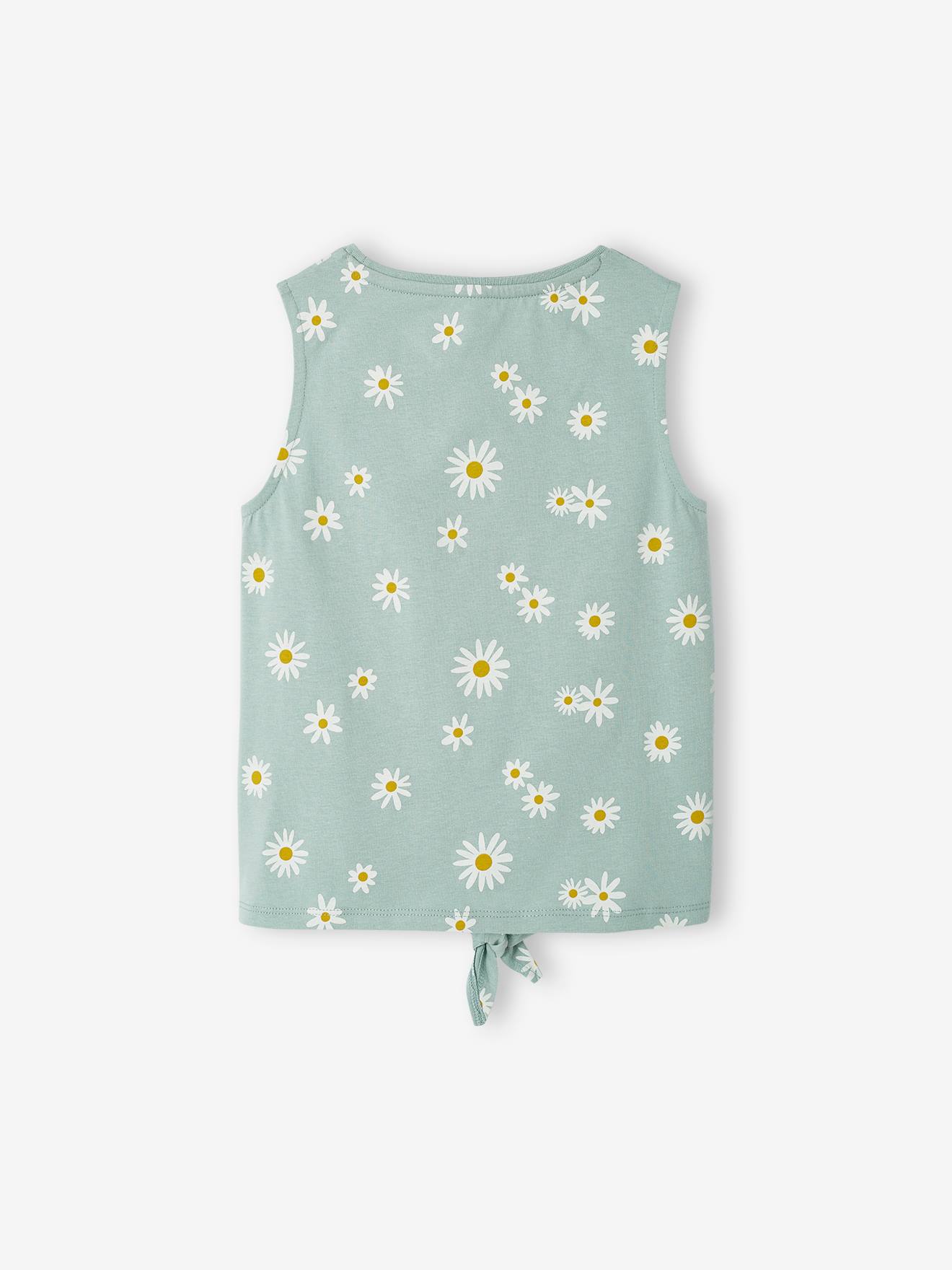 Camiseta estampada sem mangas com um lacinho, para menina, azul-acinzentada.