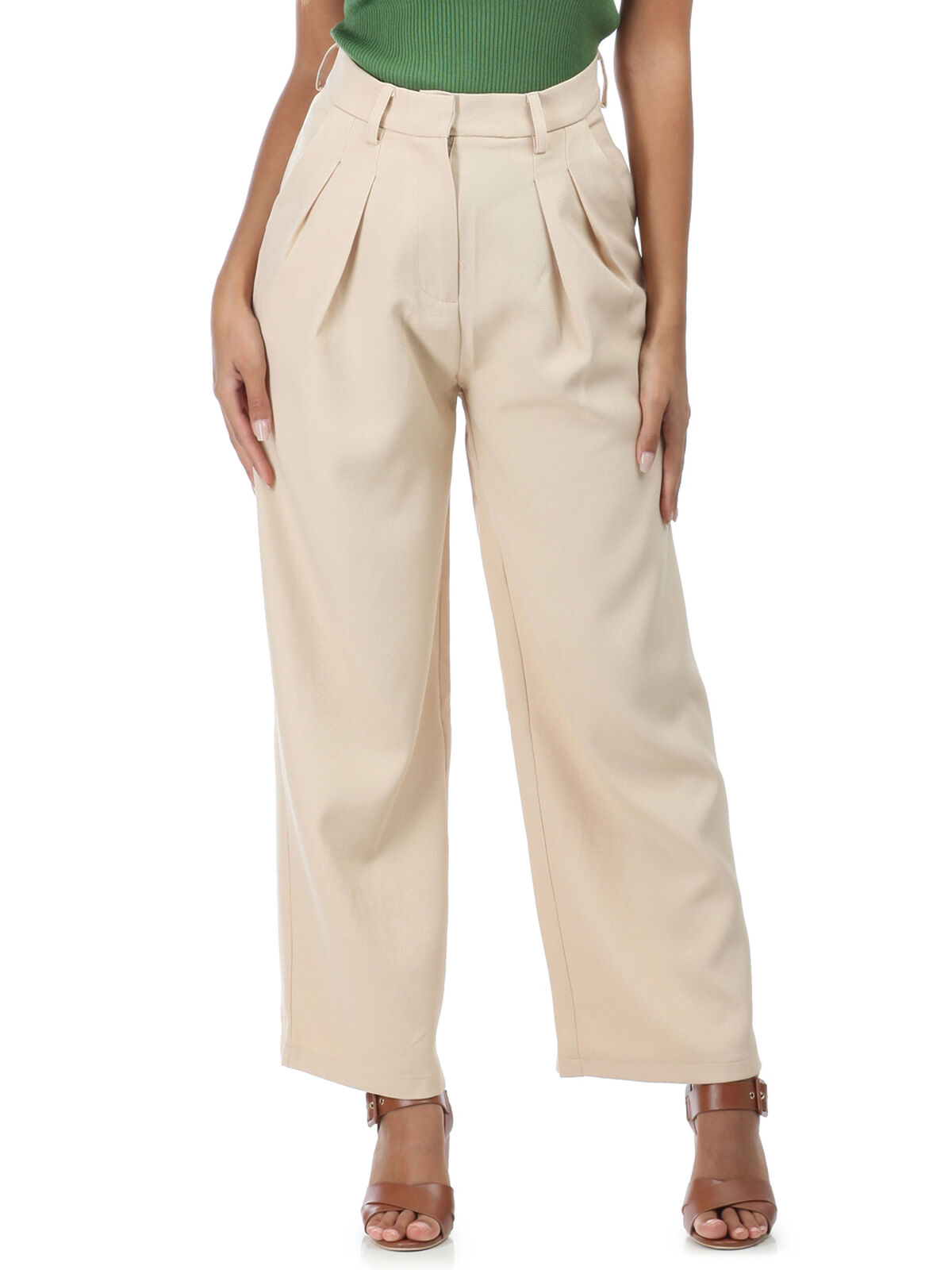 Pantalon palazzo en crêpe taille haute- Beige