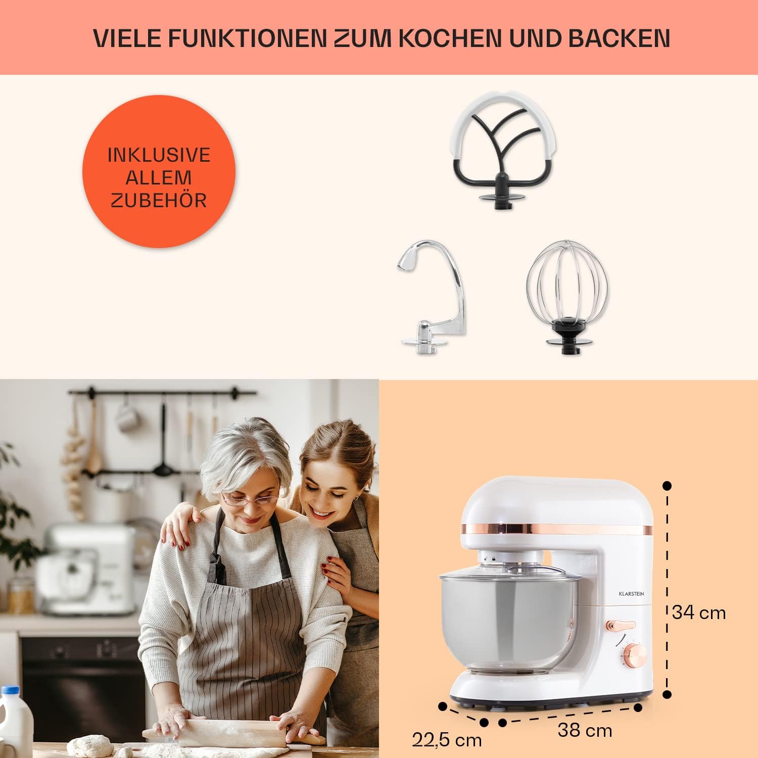 Klarstein Küchenmaschine Mit 5L Schüssel - 1800W Profi Knetmaschine Mit Knethaken Und Schneebesen - 6 Stufen Universal Teigmaschine Zum Rühren, Kneten Und Aufschlagen