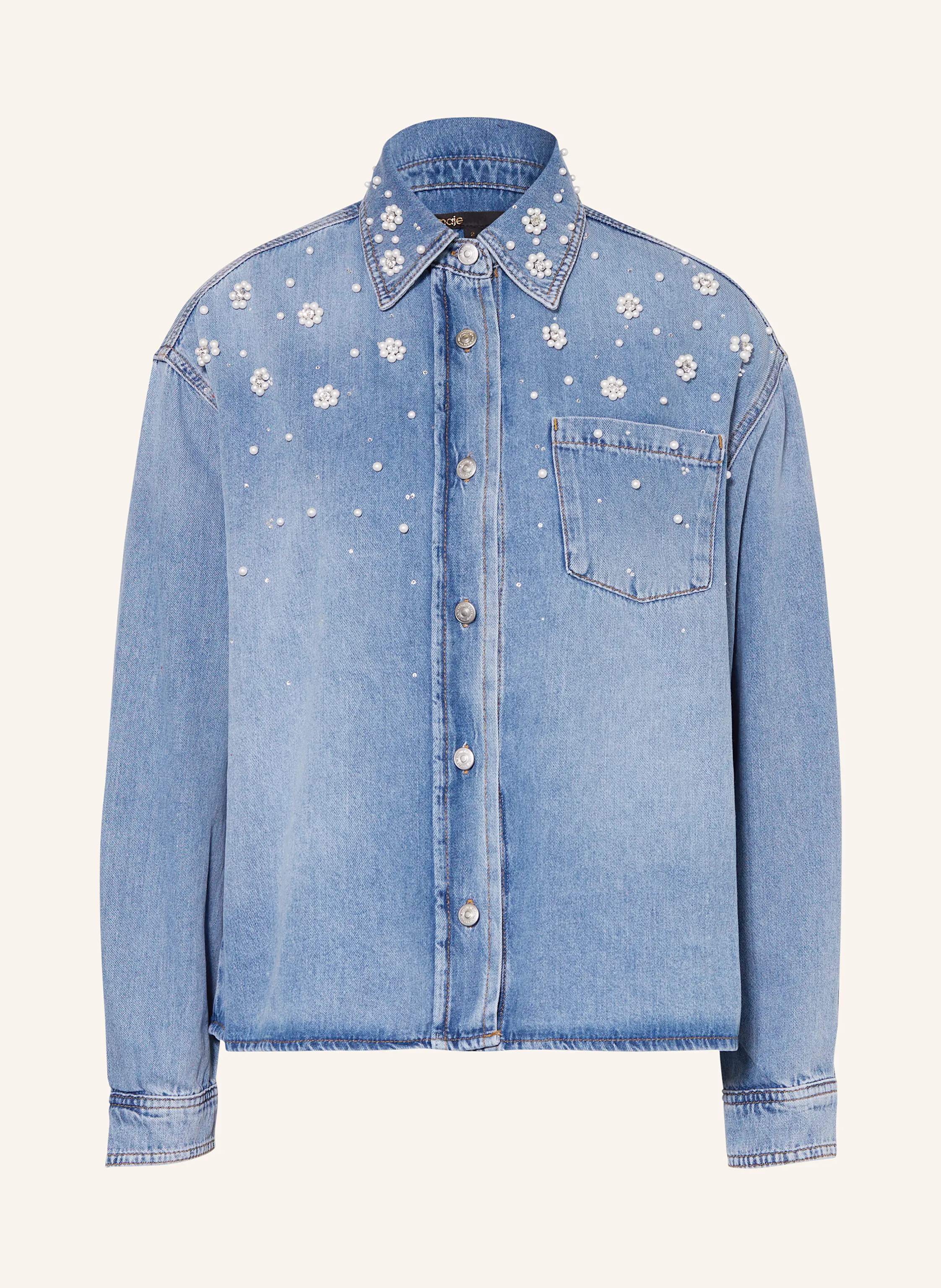maje Jeansbluse mit Schmuckperlen
