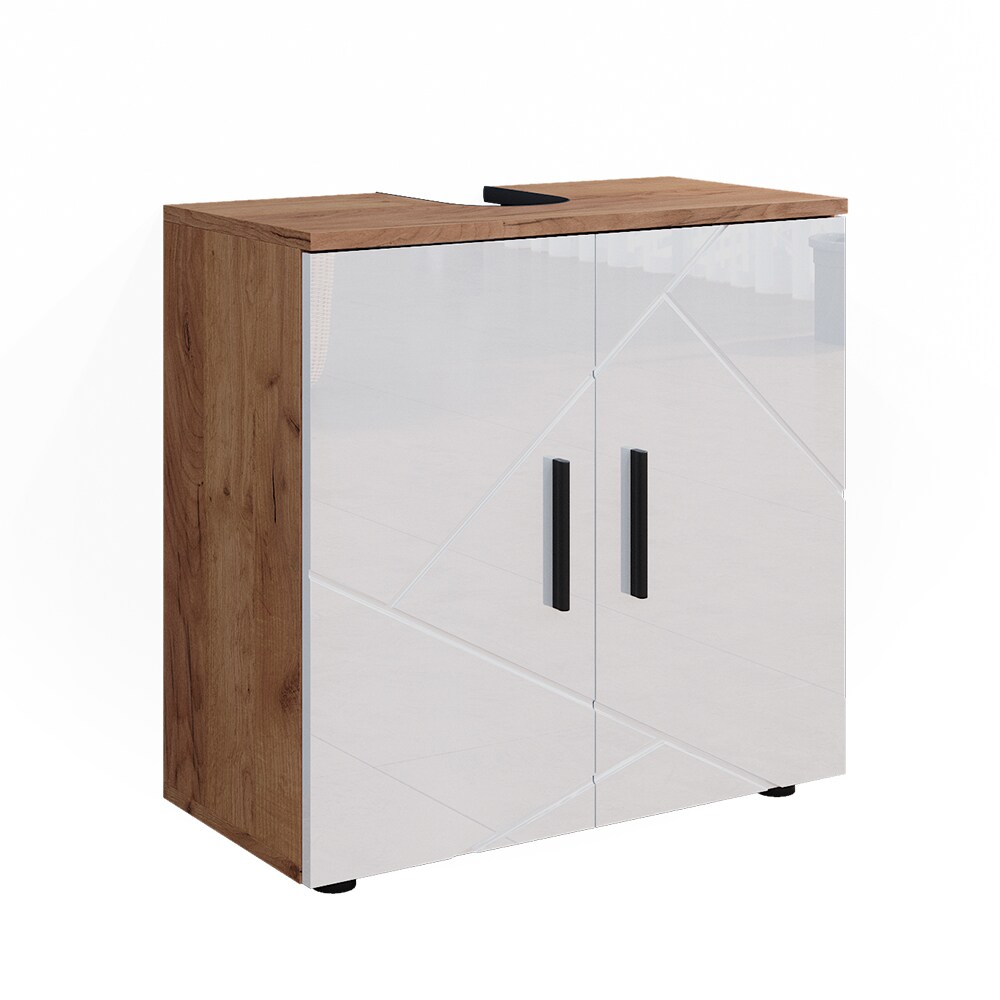 Vicco Waschtischunterschrank Waschbeckenunterschrank Irma Eiche Weiß Hochglanz modern 60x59 cm Badezimmer Schrank Badschrank Badkommode Badmöbel 2 Türen