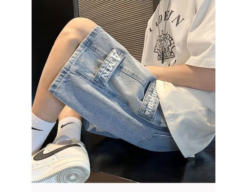 Wewewow - Mid Rise Lettering Denim Shorts