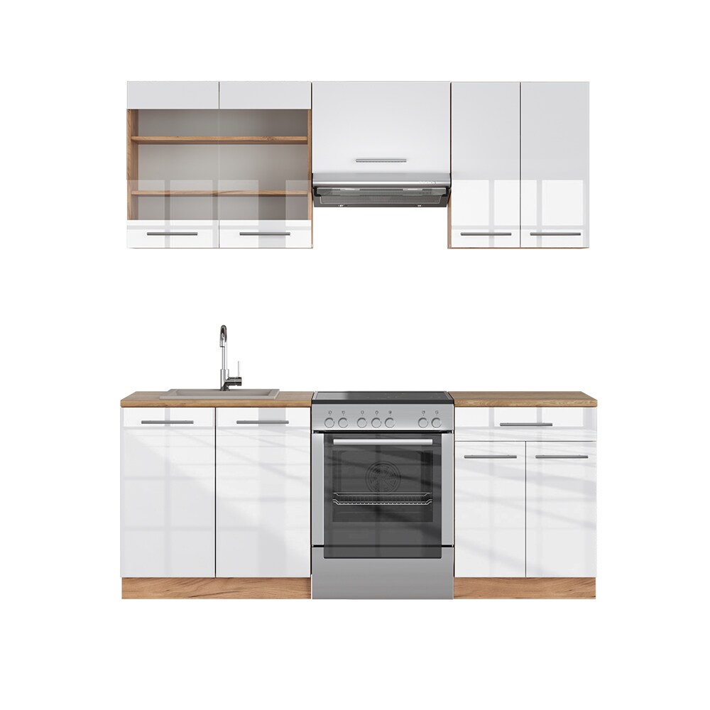 Vicco Küchenzeile Küchenblock Einbauküche Fame-Line Eiche Weiß 200 cm modern Küchen Schränke Schubunterschrank Spülenunterschrank Hängeschrank Hängeglasschrank Hochglanz