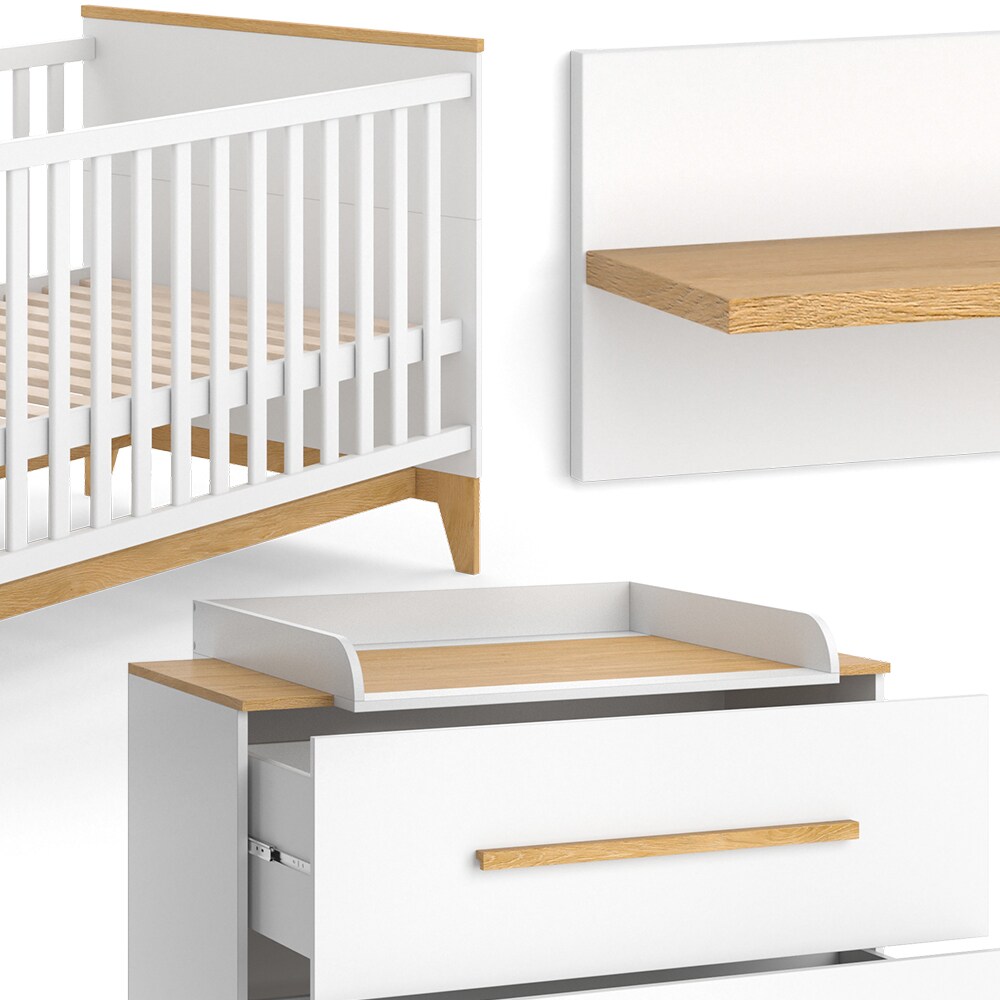 VitaliSpa Babymöbel Set Malia Weiß Eiche Wickelkommode Wandregal Kinderbett Kleiderschrank Kinderzimmermöbel Wickelauflage Aufbewahrung Lattenrost Rausfallschutz Kleiderstange