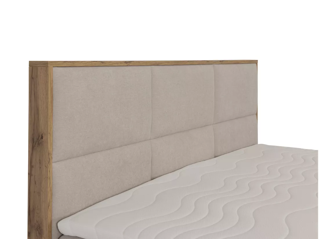 Ensemble complet literie déco tête de lit encadré bois + sommiers coffre + matelas + surmatelas - 160 x 200 cm - Tissu - Beige - SIAKI de YSMÉE