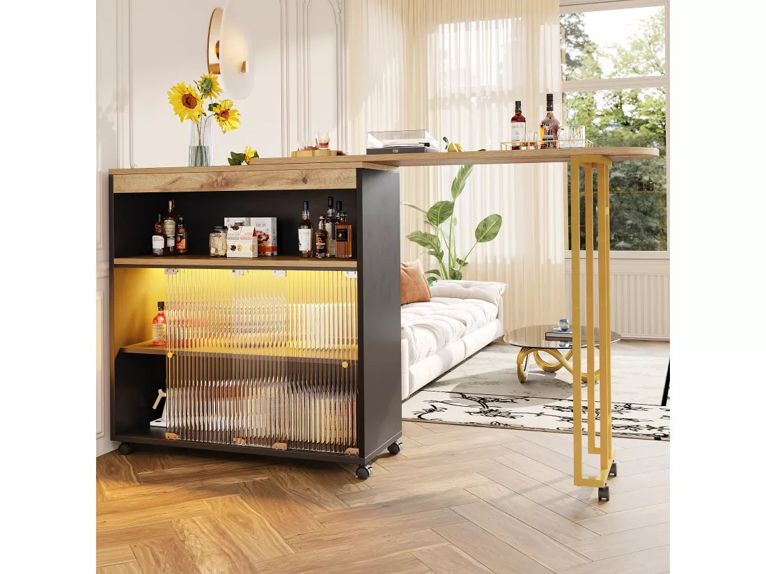 Buffet、Meuble de bar pivotant et escamotable avec LED - compartiments de rangemnt - Noir