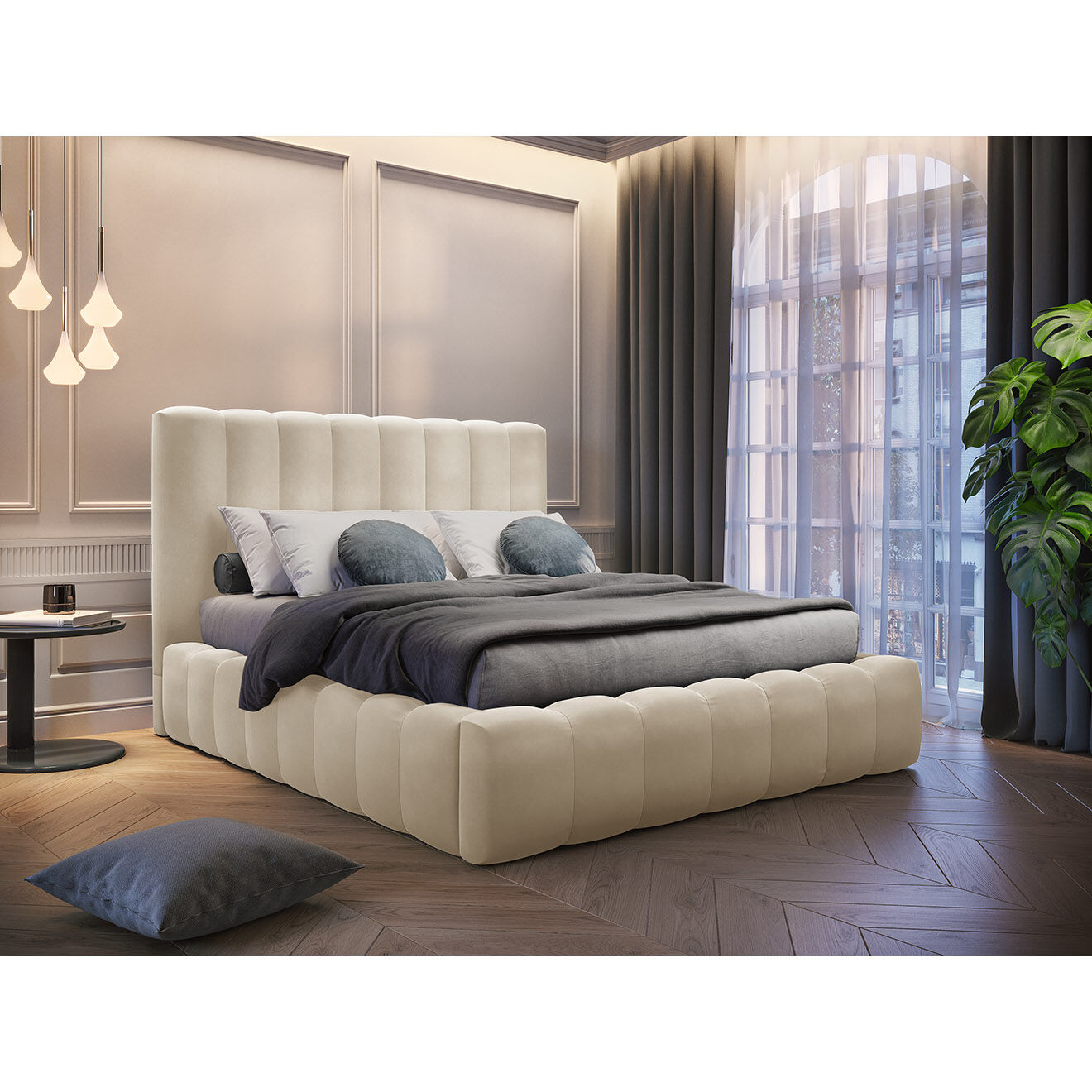 Milo Casa Lit Coffre en Velours avec Tête de Lit Gina beige clair - 180x200 cm