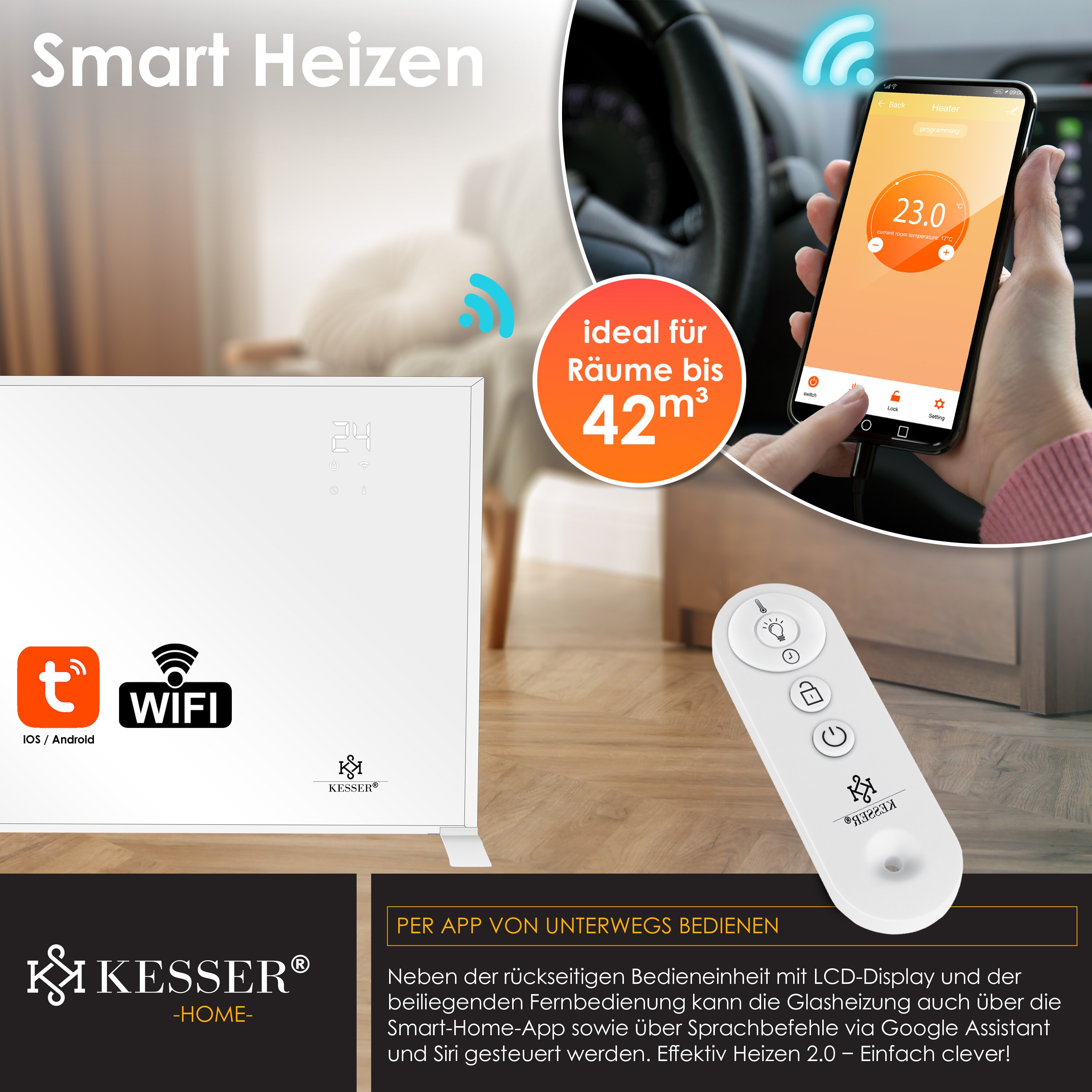 KESSER® Infrarotheizung Energiesparend Infrarot Standgerät & Wandmontage Elektroheizung mit Fernbedienung Thermostat & App-Steuerung Elektrisch Heizpaneel Heizung Konvektor Standfüße