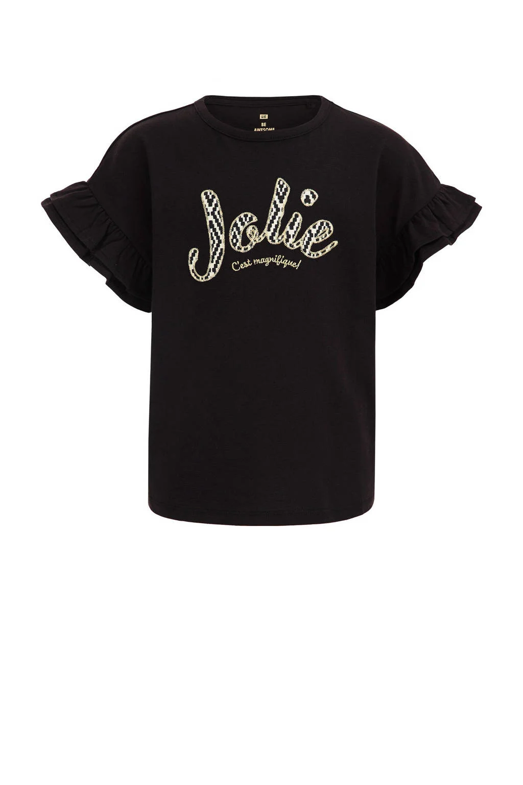WE Fashion T-shirt met tekst en borduursels zwart