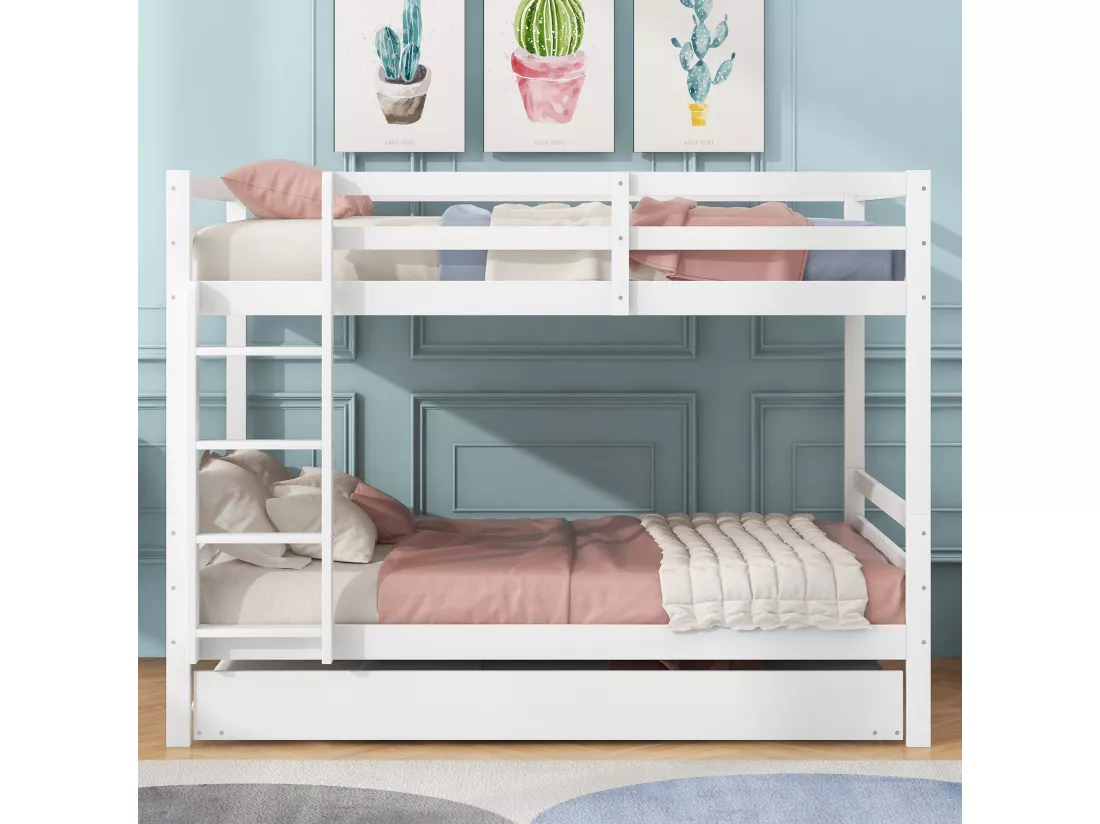 Blanc 140 * 200cm lits superposés pour les enfants, lits superposés avec lit gigogne, barre de haute hauteur, escalier stable