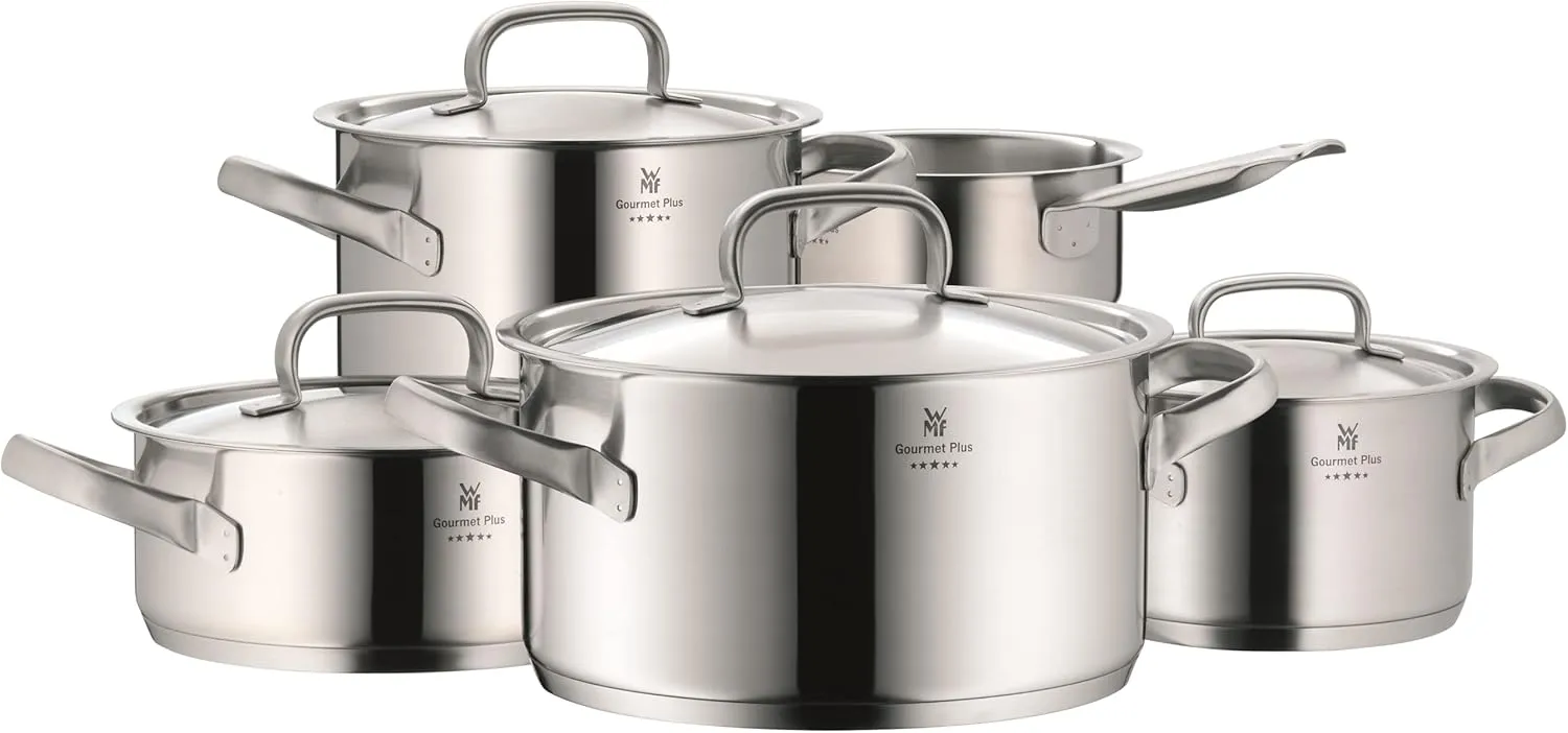 WMF Gourmet Plus Topfset Induktion 5-teilig, Kochtopf Set mit Metalldeckel, Cromargan Edelstahl mattiert, Induktions Töpfe Set unbeschichtet, Innenskalierung