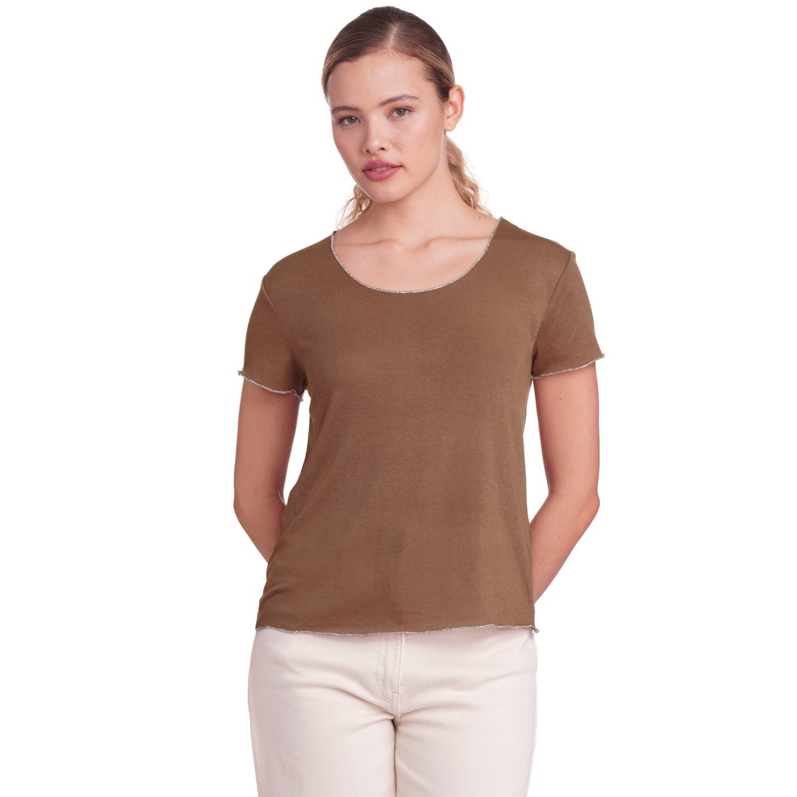 Gina Collection Damen T-Shirt mit glänzender Abschlussnaht braun