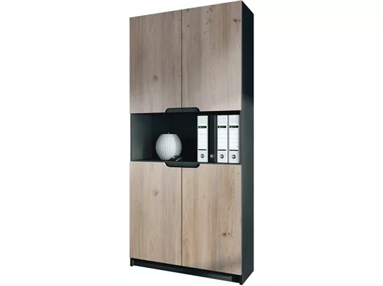 Armoire de rangement avec 5 compartiments et 4 portes, noir mat/chêne nordique (82 x 184 x 37 cm)