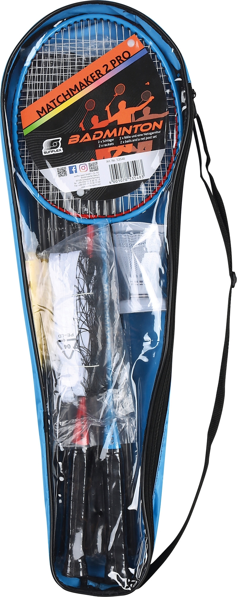 Sunflex sport Matchmaker 2 Pro Badmintonset mit 2 modernen Schlägern 2 Federbällen und einem Netz mit Pfosten in praktischer Nylontragetasche