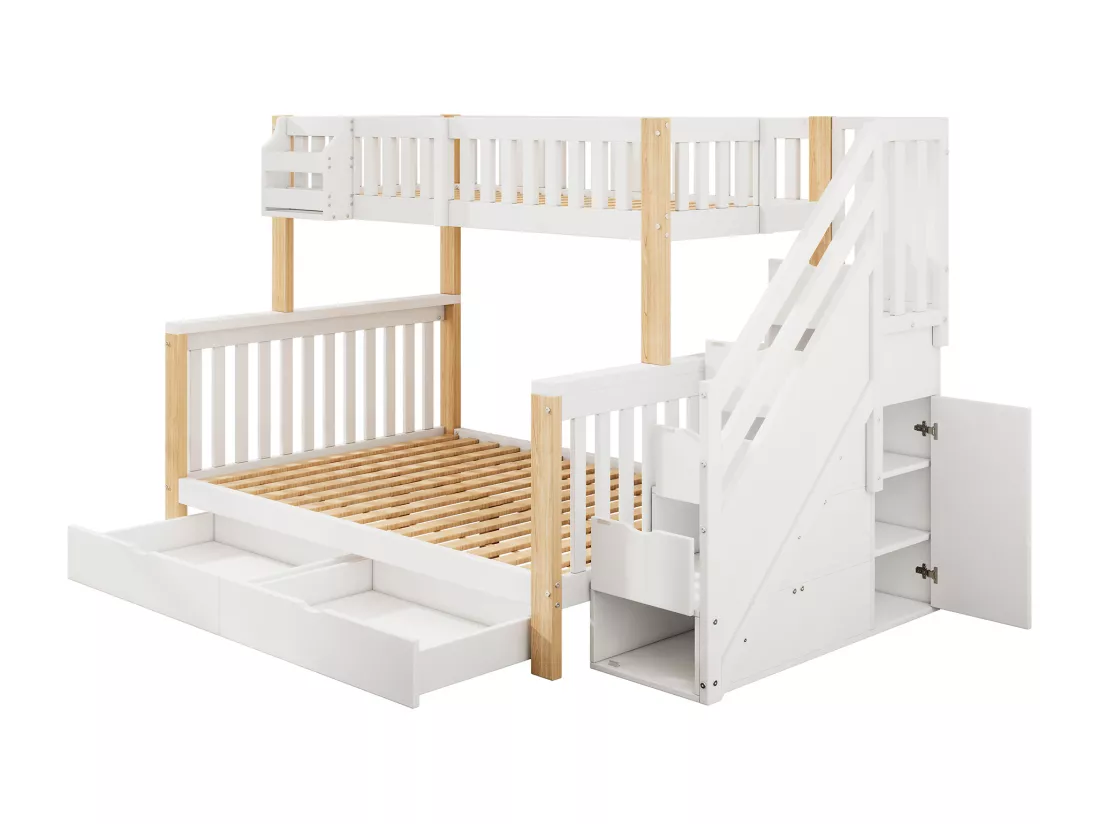 Lit superposé pour enfants 90x200+140x200cm - Lit double - avec 2 tiroirs - avec armoire d'escalier - Blanc + naturel (matelas non inclus)