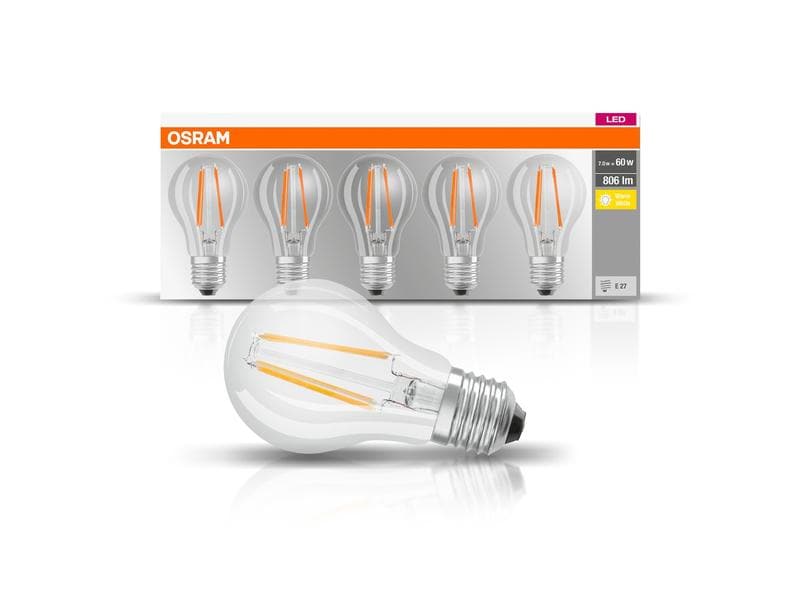 OSRAM Lampe Base Filament 7W, E27 Warmweiss, 5er Box Filamentleuchtmittel