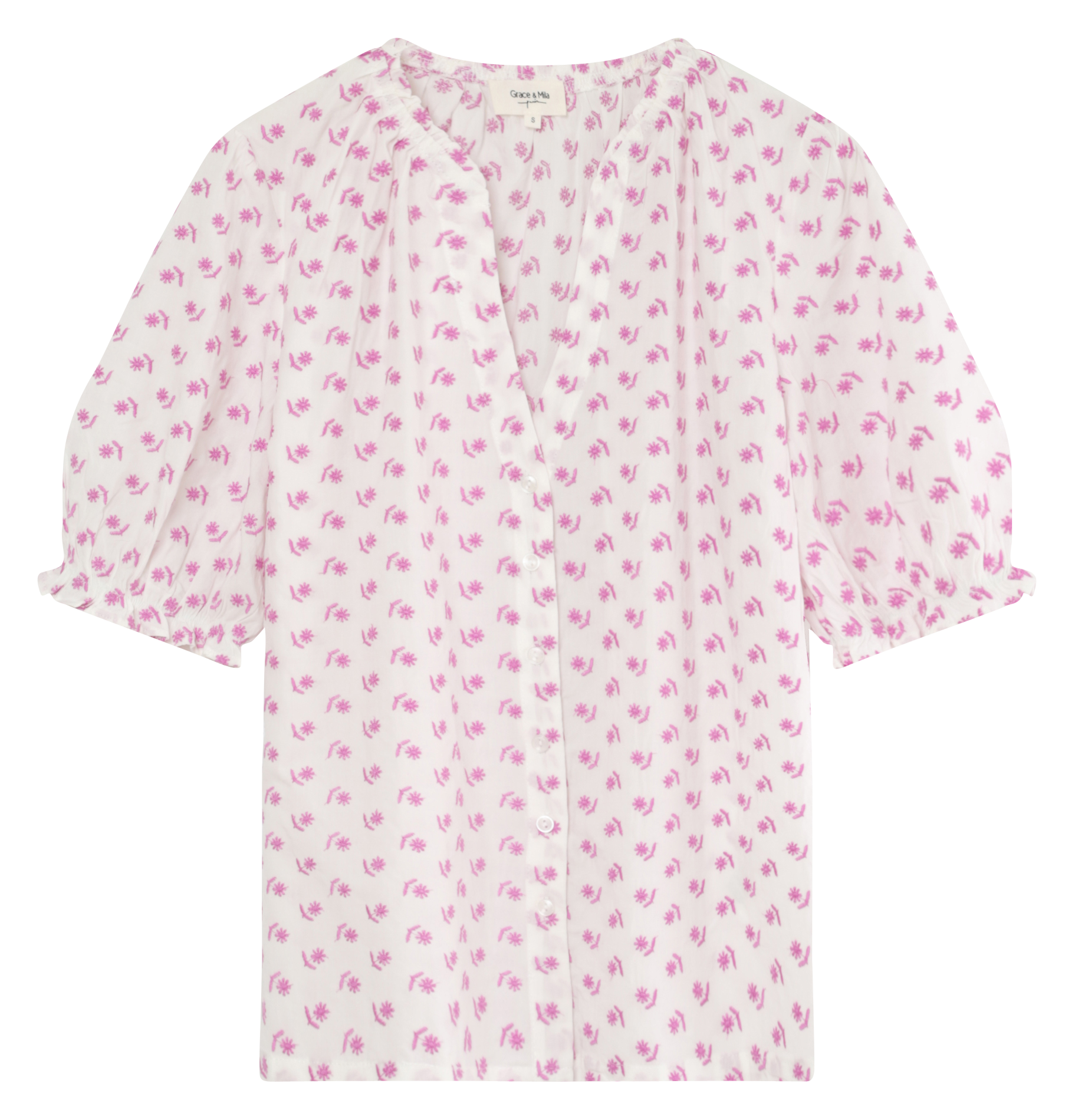 ELISE - Chemise col tunisien brodée en coton mélangé | Rose