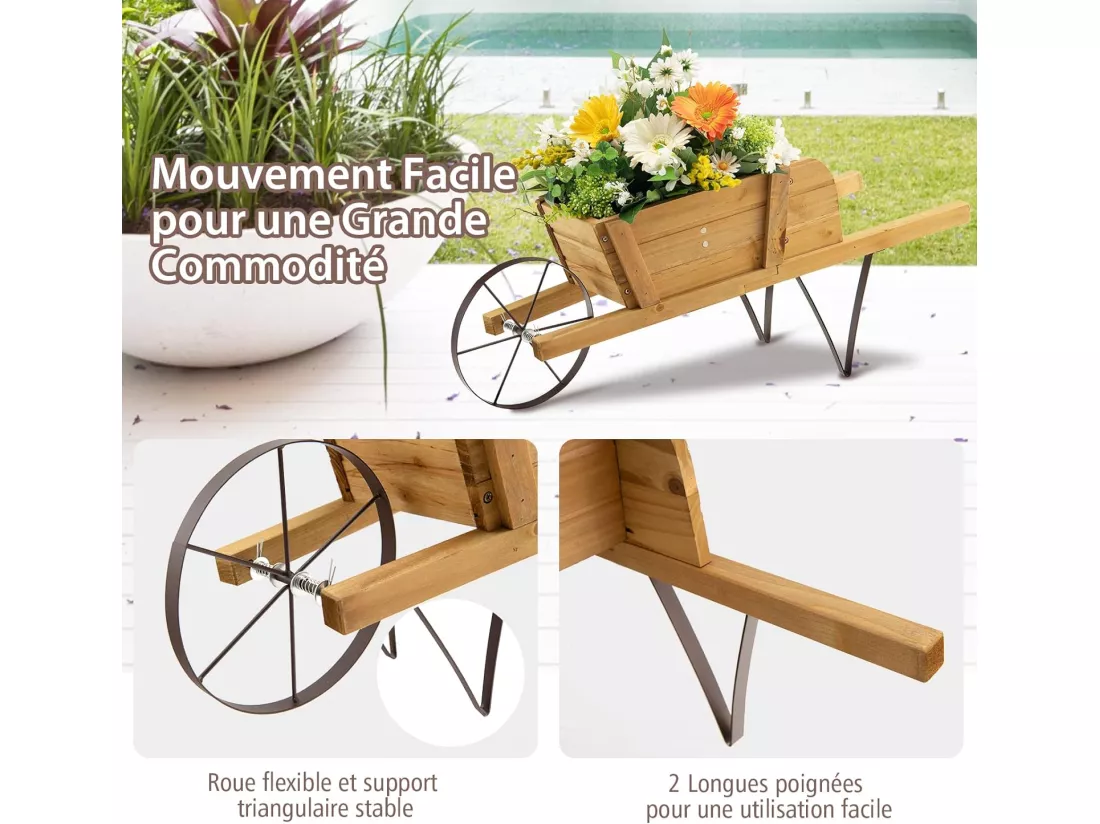 Brouette à Fleurs Jardinière en Bois, Jardinière de Jardin à Roues avec 9 Accessoires Magnétiques 2 Longues Poignées, pour Jardin Terrasse Maison Vacances