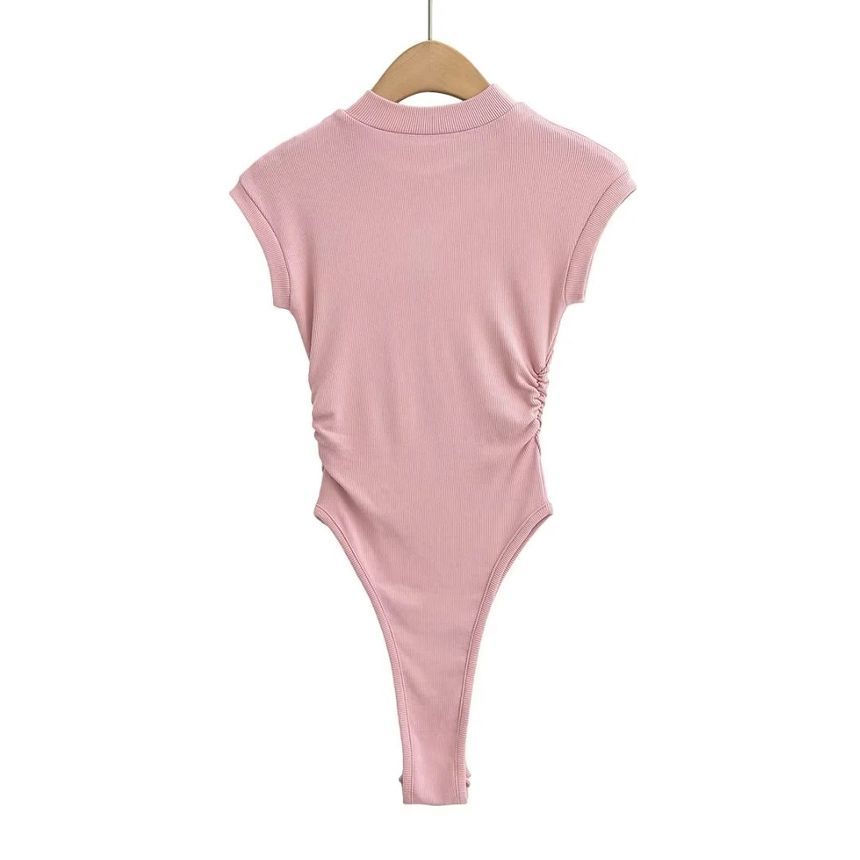 Reknovine - Cap Sleeve Mock Neck Plain Gerimpelde Bodysuit Top