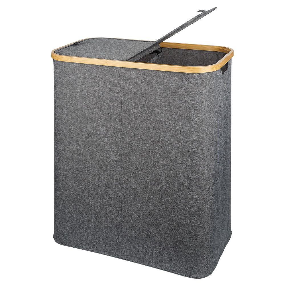 Coffre à linge rectangulaire 50L bambou et polyester gris