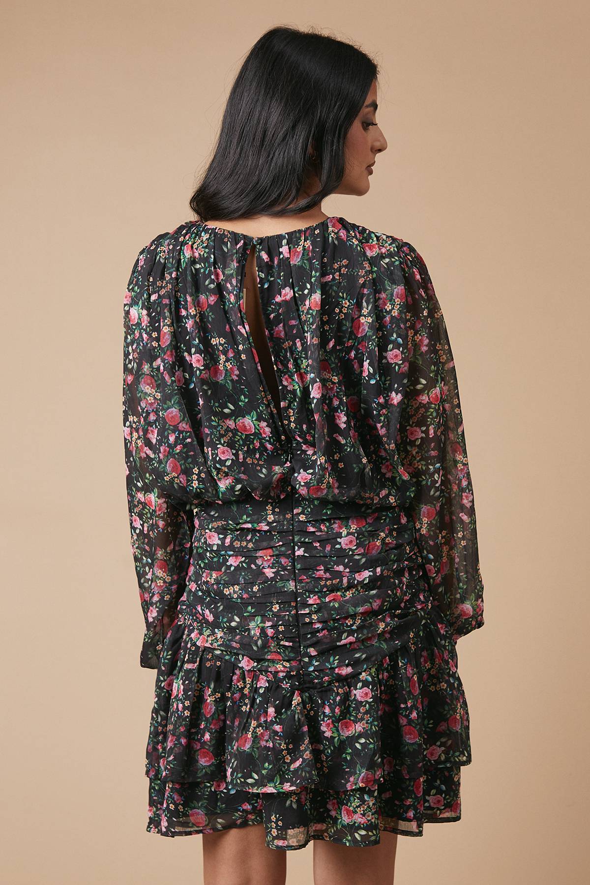 Oasis Robe Mini en Mousseline Florale Froncée et Plissée