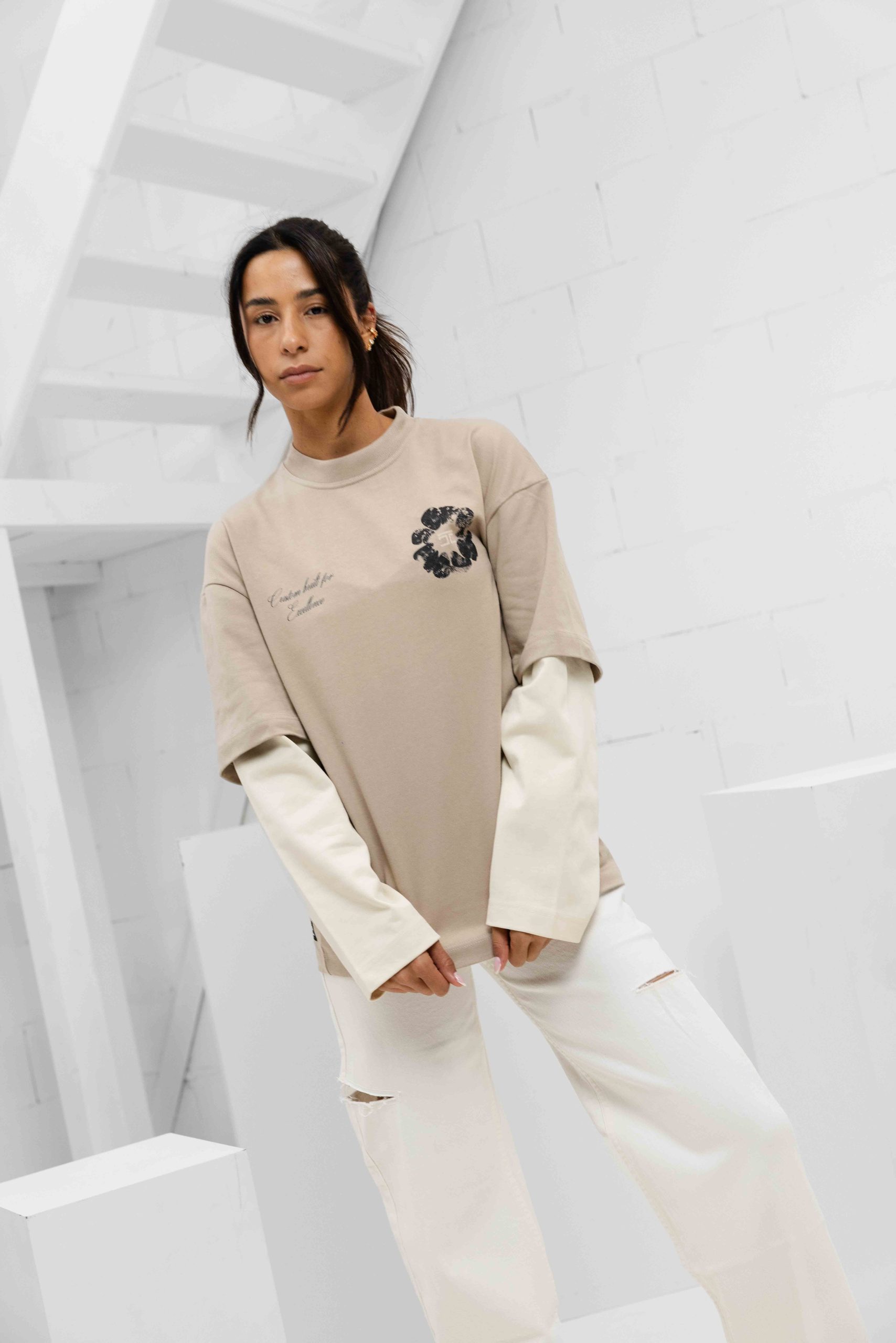 Jorcustom Flowers Double Layered Longsleeve T-Shirt Dames Taupe/Beige