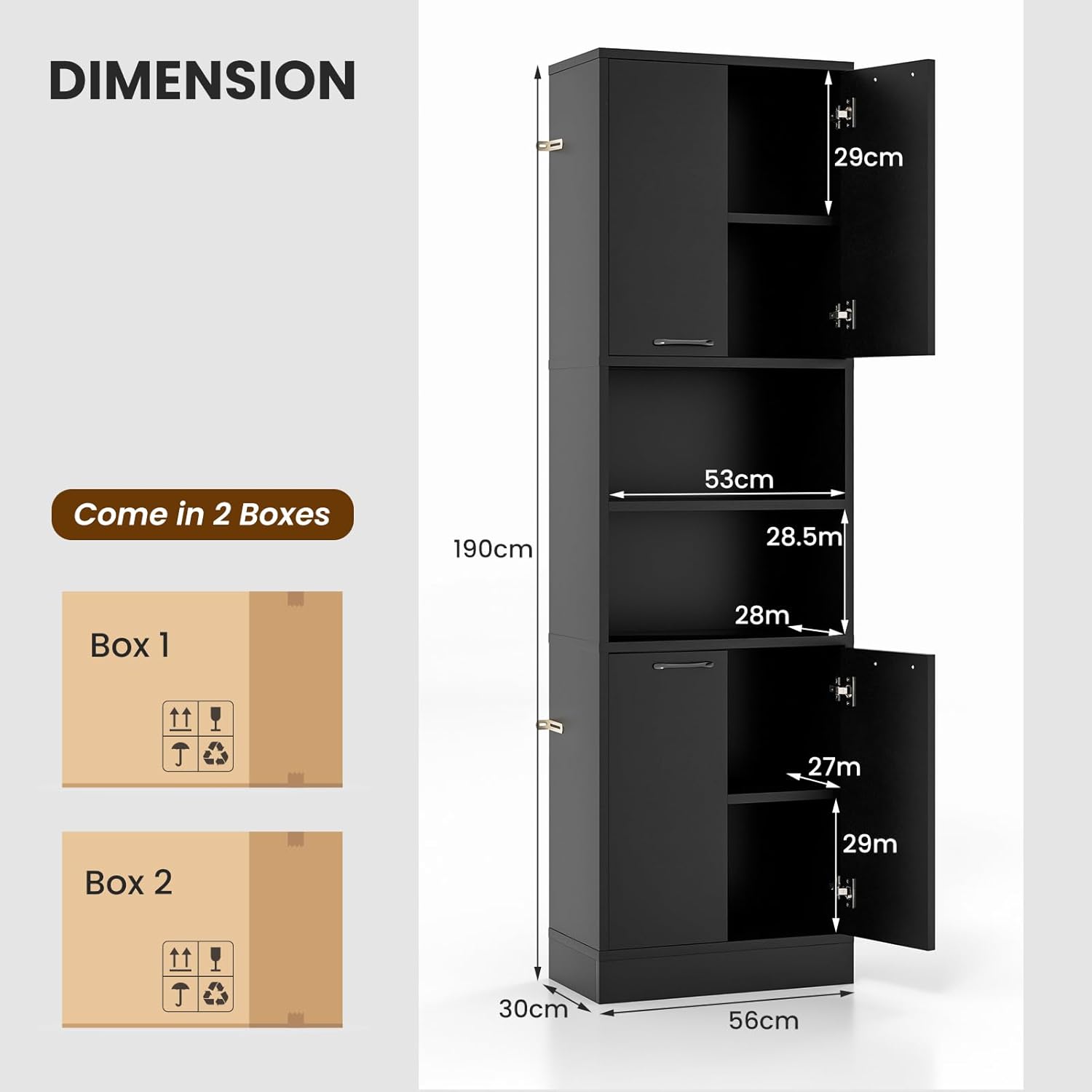 KOMFOTTEU Hochschrank Aufbewahrungsschrank 190 cm, Mehrzweckschrank Küchenschrank mit 4 Türen & halboffenem Regal, Badezimmerschrank Bücherschrank 56 x 30 x 190 cm (Schwarz)