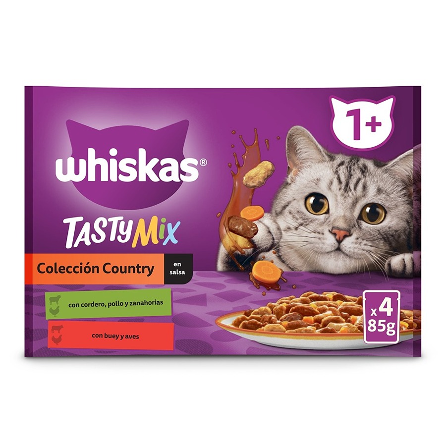 4 sachês de 85g de molho Whiskas Tasty Mix Country Collection para gatos.