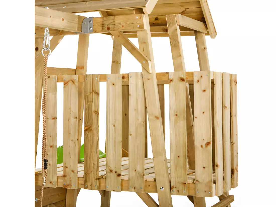 KANGUI Aire de jeux portique en bois WOODI - Double balançoire et nid Ø100cm, toboggan, mur d'escalade, bac a sable, cabane, échelle
