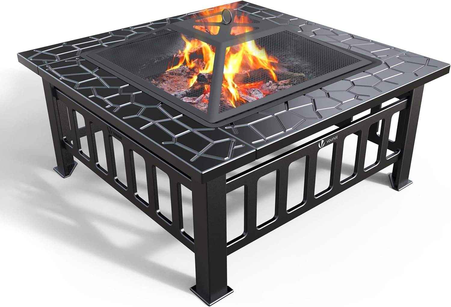 VOUNOT Feuerschale mit Funkenschutz, Feuerstelle Feuerkorb für Garden Terrasse Heizung, mit Wasserfester Schutzhülle, 81x81x45cm