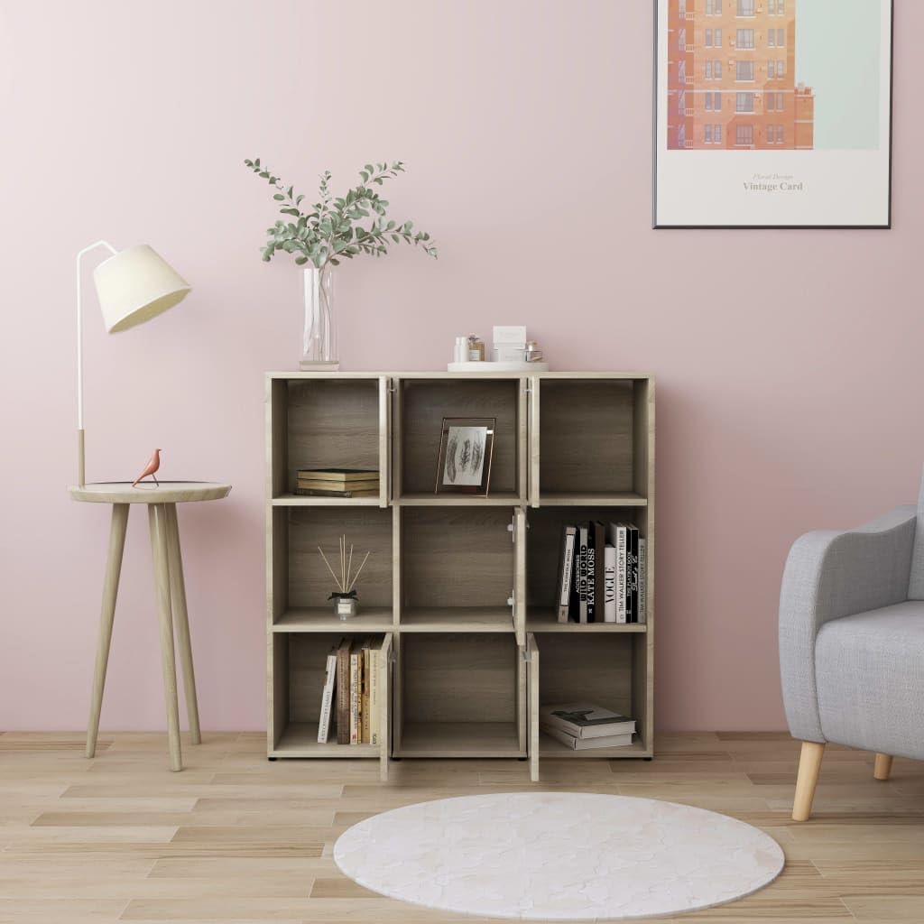 Bücherregal 90x30x90 cm Sonoma Eiche Holzwerkstoff mit 9 Fächern, Davon 5 mit Türen, Robust & Langlebig, Moderner Stauraum Organizer für Living Room, Home Office und Flur