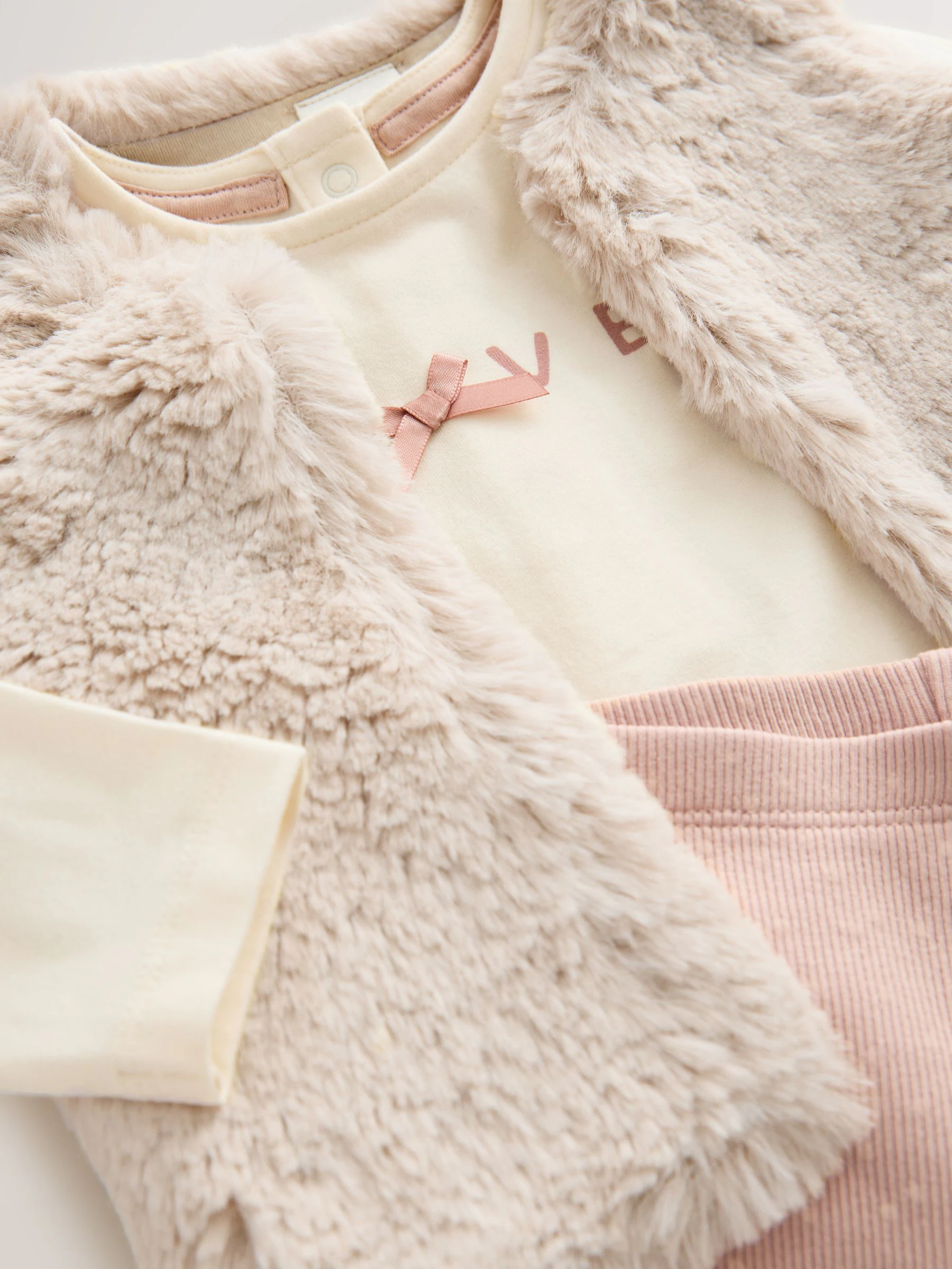 Roze/crème - 3 -delige babyset met bontgilet, top en leggings (0mnd -2jr)