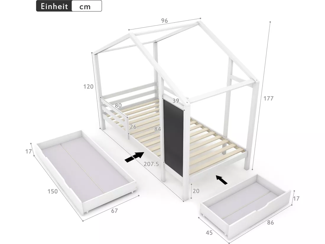 Lit gigogne cabane 2 x 90 x 200 cm - 2 tiroirs - Pin - Blanc - Sweiko