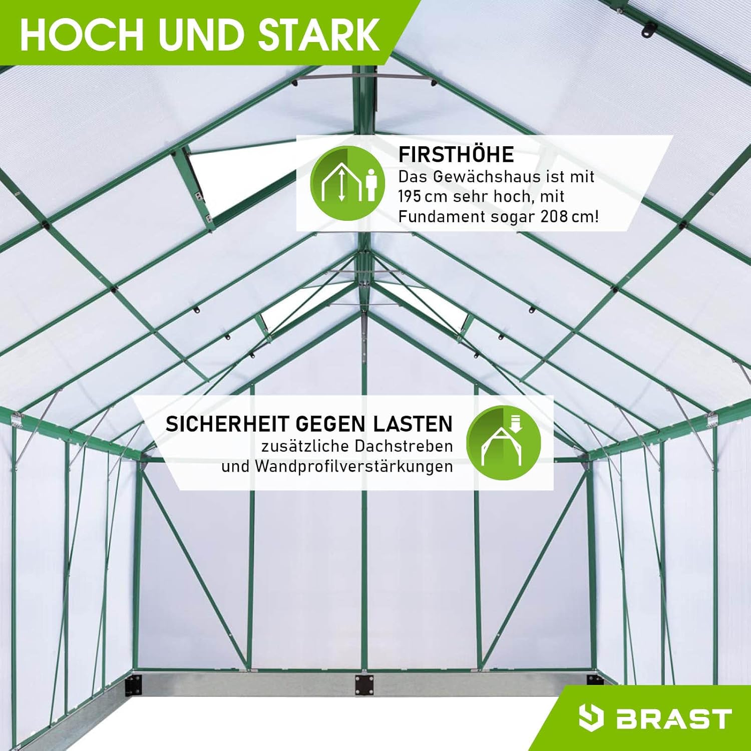 BRAST Gewächshaus Aluminium mit Fundament | 42 Modelle | 130x190x195cm - 490x250x235cm | TÜV geprüft | 6mm Hohlkammerplatten | rostfrei wetterfest temperaturbeständig | 310x190x195cm Grün